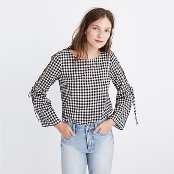 Madewell Women's Gingham Lace Up Bell Sleeve 100% Cotton Blouse Top Size Small - Picture 1 of 7